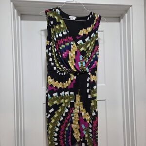 London Times Asymmetrical Dress in Black, Pink, Green, and Yellow